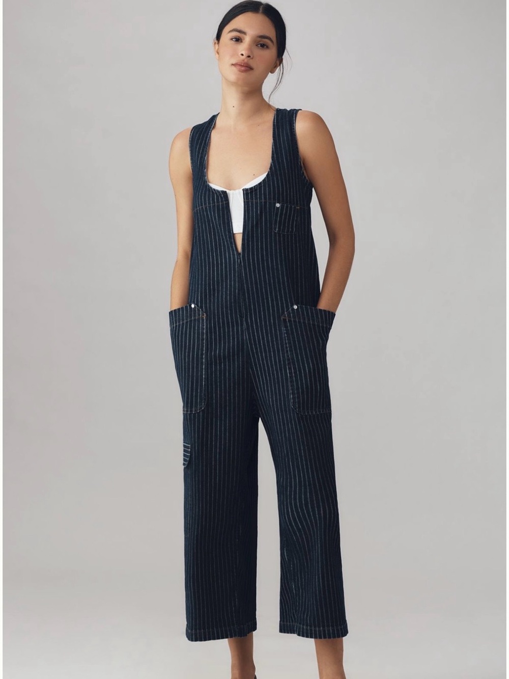 Pilcro Dark Denim Pinstripe Zip Front Sleeveless Utility Jumpsuit